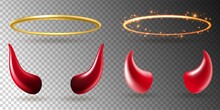 Angel Rings And Devil Horns. Saints Golden Glowing Halo, Shiny Yellow Aureole And Red Demon Horn Evil Symbol Realistic Halloween Costume Vector 3d Isolated On Transparent Background Set