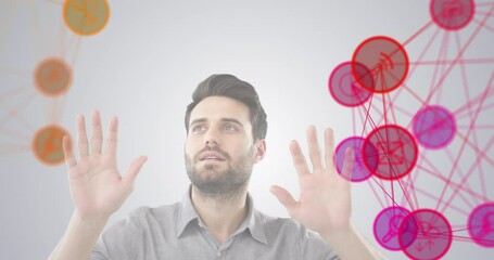 Poster - Globe of digital icons against man gesturing