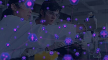 Poster - Network of connections icons against scientists working