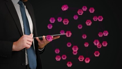 Poster - Globe of digital icons against Businessman using digital tablet