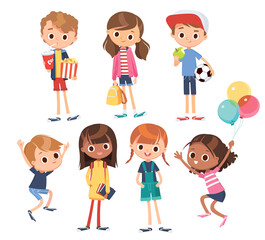 vector set of kids children teenagers characters in different poses, clothes , wear. children fashio