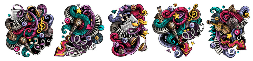 Wall Mural - Music cartoon vector doodle designs set