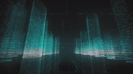 Wall Mural - neon wireframe of abstract digital city business center with skyscrapers which consists of azure and white symbols on black background. 3d rendering 4K video.