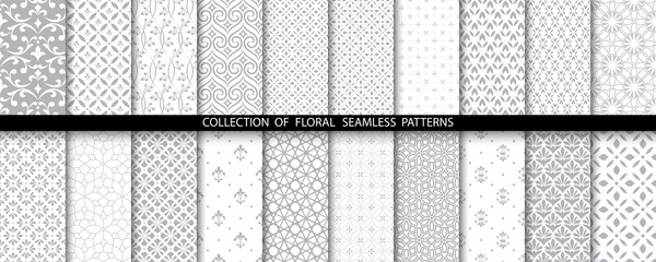 Geometric floral set of seamless patterns. Gray and white vector backgrounds. Simple illustrations.