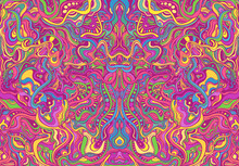 Symmetrycal Motley Hippie Trippy Psychedelic Abstract Pattern With Many Intricate Wavy Ornaments, Bright Neon Multicolor Color Texture.