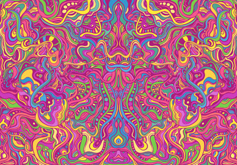 Symmetrycal motley hippie trippy psychedelic abstract pattern with many intricate wavy ornaments, bright neon multicolor color texture.