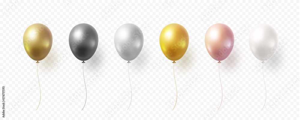 Balloon set isolated on transparent background. Vector realistic gold, bronze, golden rose, silver, white and black festive 3d helium balloons template for anniversary, birthday party design - obrazy, fototapety, plakaty 