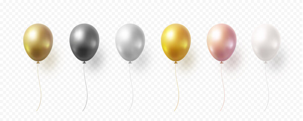 balloon set isolated on transparent background. vector realistic gold, bronze, golden rose, silver, 