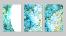 Blue, Green, Gold Marble Abstract Backgrounds. Set Of Alcohol Ink Technique Vector Stone Textures. Modern Paint In Natural Colors With Glitter. Template For Banner, Poster Design. Fluid Art Painting