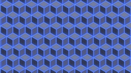 Poster - Abstract background - wall of isometric cubes in blue color with translucent neon light on their edges - 3D illustration