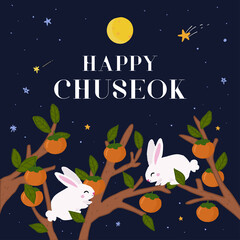 Wall Mural - Happy Chuseok (Korean thanksgiving) greeting card vector illustration. Night view of Rabbit on Persimmon branch