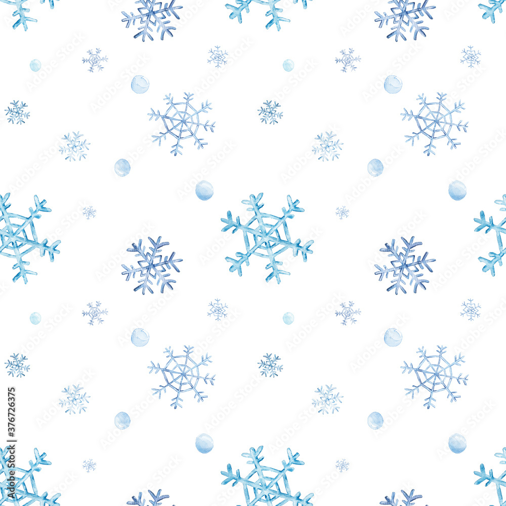 Seamless pattern with blue watercolor snowflakes and snowballs isolated ...
