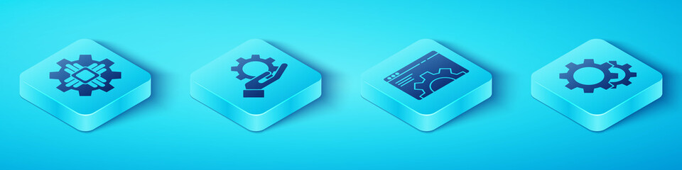 Poster - Set Isometric Processor, Settings in the hand, Gear and Browser setting icon. Vector.