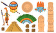 Aztec and Maya symbols set. Ancient pyramid, inca warrior, ethnic masks, gods and idols artifacts. Flat vector illustrations for Mexican culture, traditional decorations concept