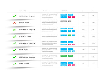 Clean table layout with colored keyword labels, modern business vector template