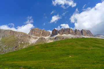 Mountain landscape along the road to Pordoi pass, Dolomites