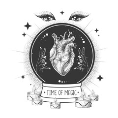 Wall Mural - Witchcraft magic globe silhouette with human heart. Vector illustration