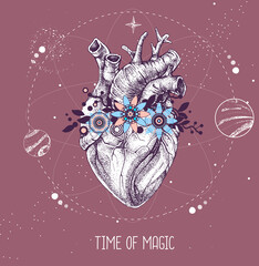 Wall Mural - Modern witchcraft magic card with human heart. Astrology love horoscope. Vector illustration