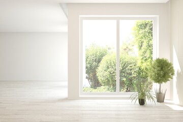 White empty room with summer landscape in window. Scandinavian interior design. 3D illustration