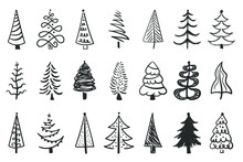 Hand Drawn Christmas Tree. Set Of Sketched Illustrations Of Firs. Black Ink And Brush Sketches Of Spruce For Cards And Package Design. Vector Elements