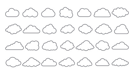 Vector cloud icons. Editable stroke. Set of 28 sign line art. Meteorology weather forecast interface element, information cloud storage database. Internet communication network saving data