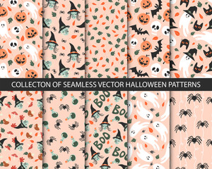 Wall Mural - Collection of 10 seamless halloween patterns in childish doodle style. Retro colors, funny autumn textures with ghosts, witch, black cats, spiders, bats, sculls and pumpkins