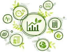 Sustainable Investing Vector Illustration. Concept With Icons Related To Ethical Investment, Socially Responsible Or Green Investing, Environmental Consciousness In Finance.