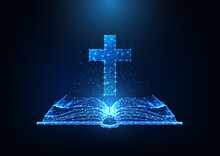 Futuristic Christianity Worship Concept With Glowing Low Polygonal Open Bible And Christian Cross