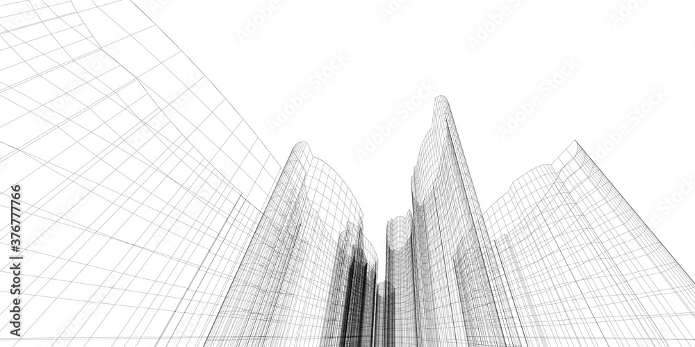 Abstract architectural background. Linear 3D illustration. Concept sketch. Vector - obrazy, fototapety, plakaty 