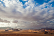 View Of Sandstone Mountains On Desert Landscape In Wadi Rum