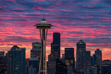 View Of Space Needle Tower And Downtown Seattle During Sunrise