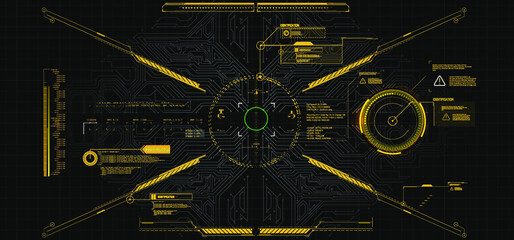 Poster - Modern illustration for game background design Futuristic HUD, GUI interface screen design. Virtual reality. Futuristic VR Head-up Display Design. Sci-Fi Helmet HUD. Future Technology. Hi tech design
