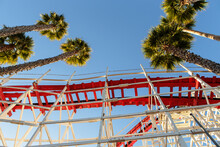 Low Angle View Of Roller Coaster Ride At Santa Cruz Beach Boardwalk In California