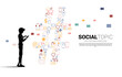 Silhouette of man use mobile phone and Hash tag from icon . background concept for social topic and news.