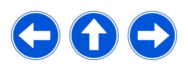 Poster - Blue Round One Way Arrow Sign Set Showing Straight, Left and Right Directions. Vector Image.