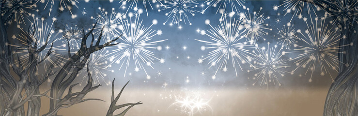 Wall Mural - abstract fireworks on beige-blue background with tree trunk and branches