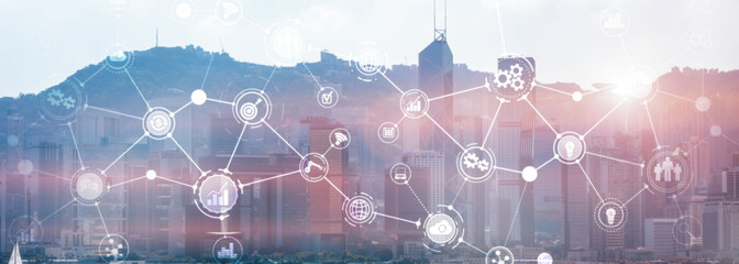 Wall Mural - business organizational structure innovation automation technology panoramic website header backgrou