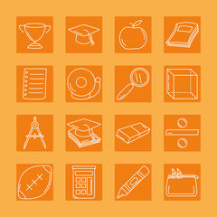 Sticker - back to school, supplies objects elementary education block and line icons