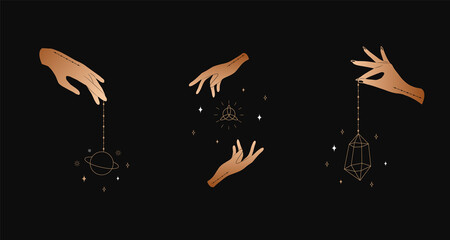 Set of female hands. Witch magic and occult collection. Different vector hand gestures with sword, stars and crystal. Abstract logo for tarot cards, logo, tattoo, spiritual poster.