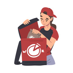 Sticker - Girl Courier Packing Fast Food Meal in Backpack Box, Food Express Delivery Service Cartoon Style Vector Illustration