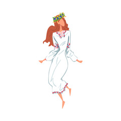 Sticker - Pagan Ritual Dance, Beautiful Slavic Girl Dancing Wearing Traditional White Dress and Wreath of Flowers Cartoon Style Vector Illustration