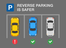 Top View Of A City Car Parking Lot. Reverse Parking Is Safer. Flat Vector Illustration Template.
