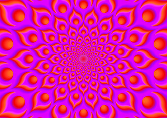 Wall Mural - scarlet flower. red background from feathers of peacock. optical expansion illusion.