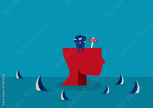 Fotografía businessman alone on big head human by sharks