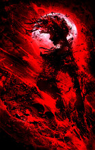A Blood Female Vampire Against A Full Blood Moon Screams In Waves Of Crimson Dark Blood. 2D Illustration
