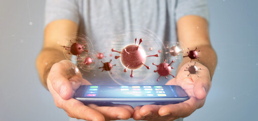 Poster - Businessman holding a Group of red virus cell - 3d rendering