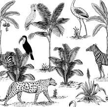 Tropical Botanical Vintage Wild Animals, Plant, Palm Tree Floral Seamless Pattern. Exotic Jungle Graphic Wallpaper.