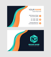 Poster - abstract modern business card design template with orange and blue gradient. wave shape graphic element. white and dark blue background in horizontal layout 