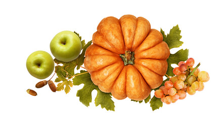 Wall Mural - autumn arrangement with pumpkin, grapes, apples and green leaves
