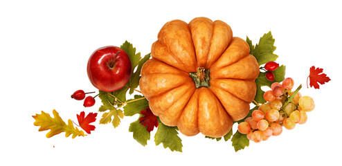 Wall Mural - autumn arrangement with pumpkin, grapes, apple and colorful leaves